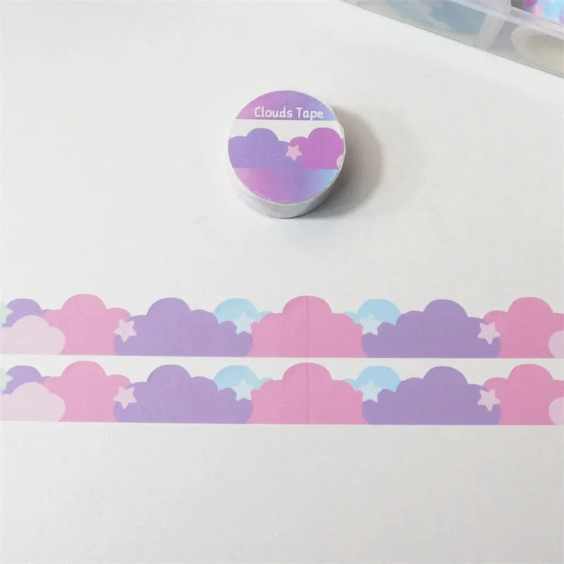 Roll of washi tape with stars and clouds border pattern, 24mm wide, in one of nine colour options