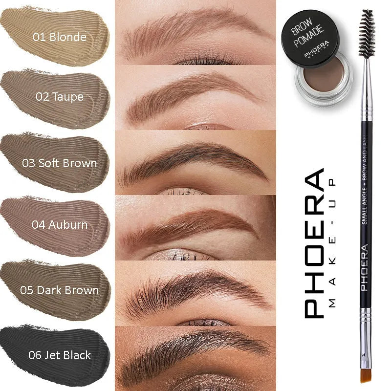 Phoera Eyebrow Cream in six colour shades with double-ended brush, taupe and soft brown pots visible