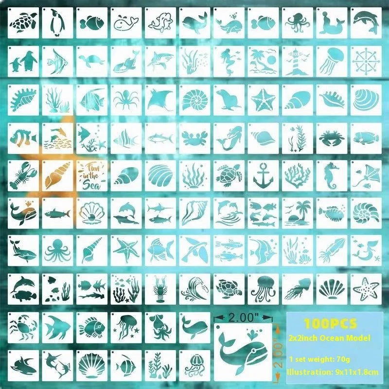 Milky white PET film hollow spray painting stencils showing animal, letter, and floral patterns at 2-inch size