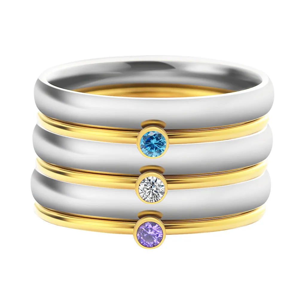 December colour birthstone engraved titanium steel ring with gold electroplated handle in geometry shape
