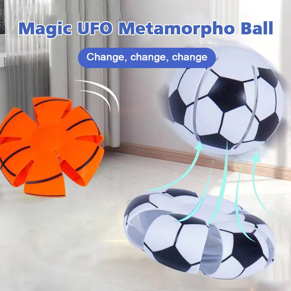 Interactive plastic dog toy showing ball and flying disc transformation modes in orange colour