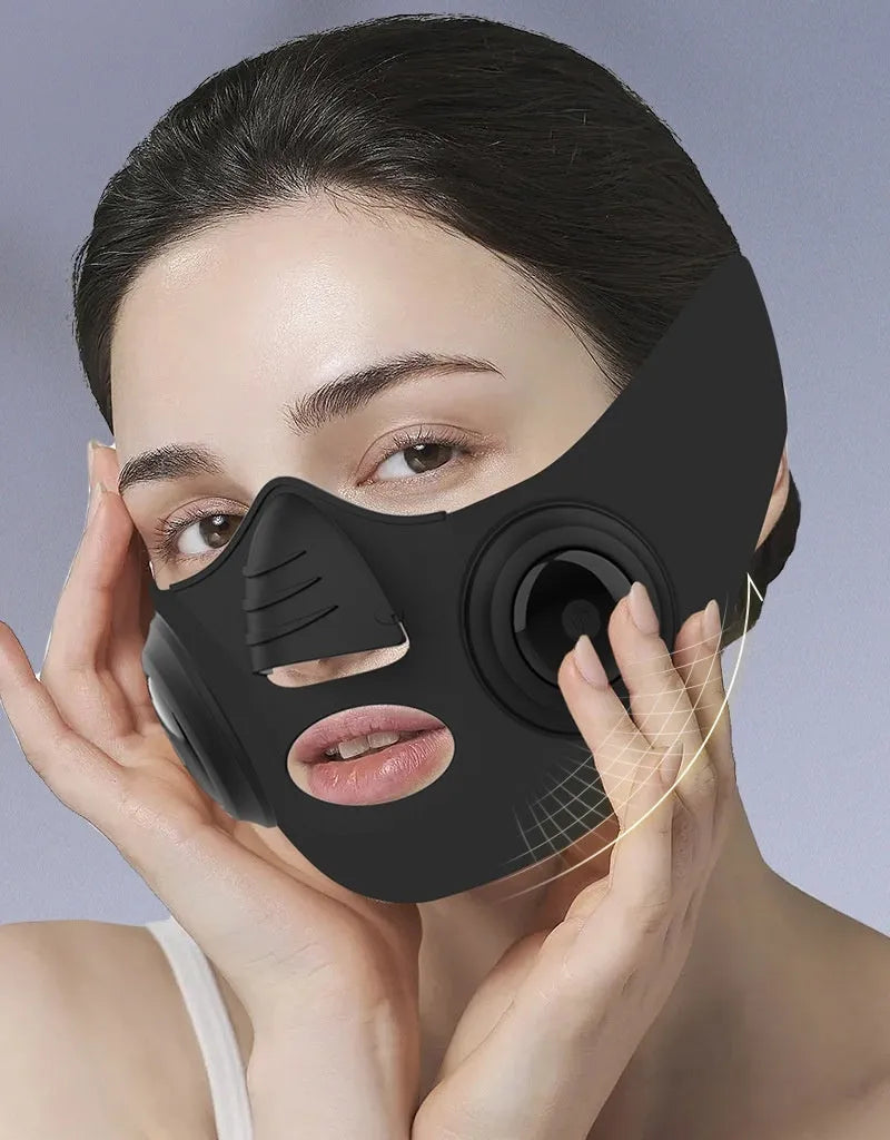 Black handheld photon facial mask beauty device with USB cable and adjustable settings.