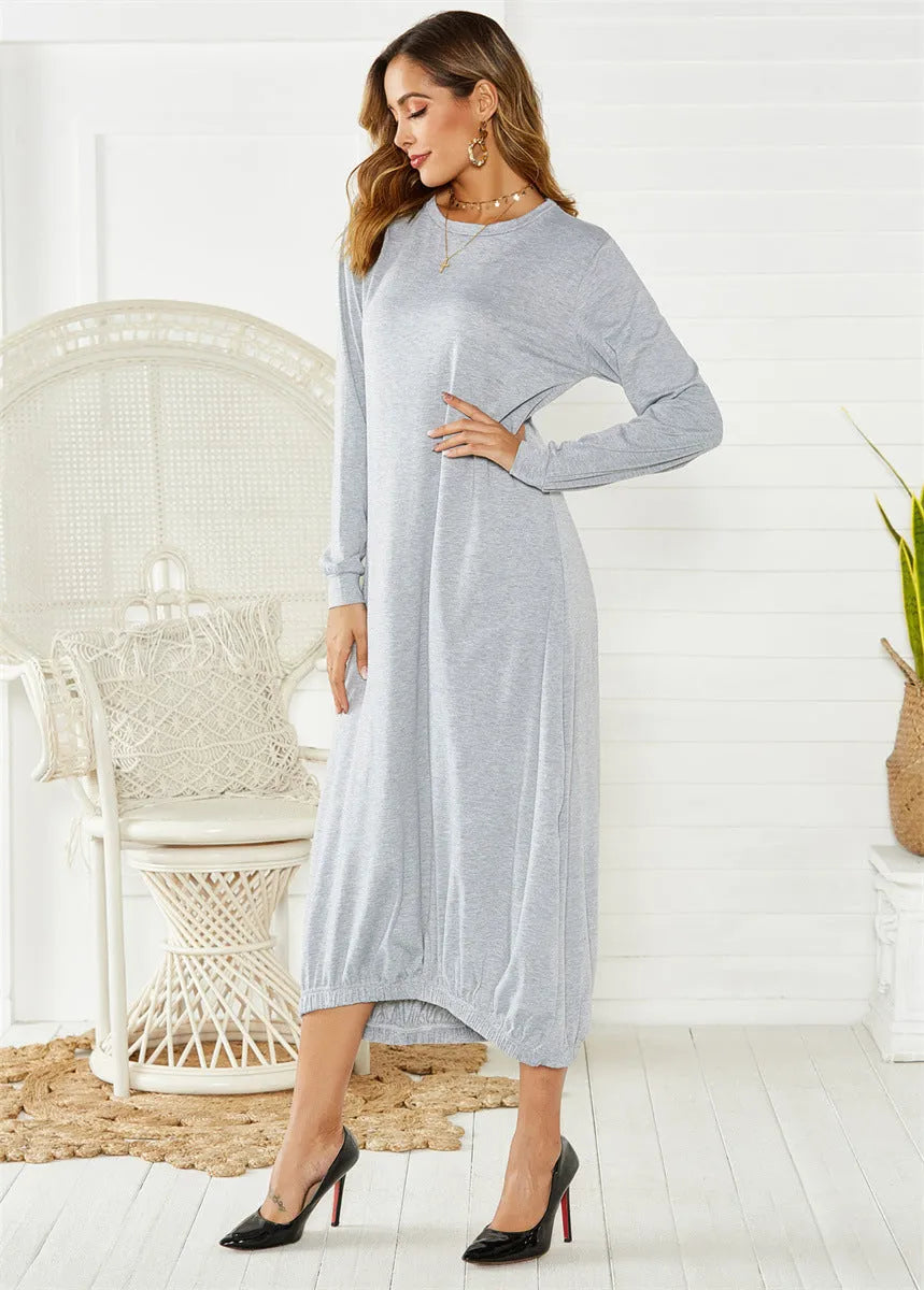 Black loose lantern dress with lace-up crew neck and long sleeves