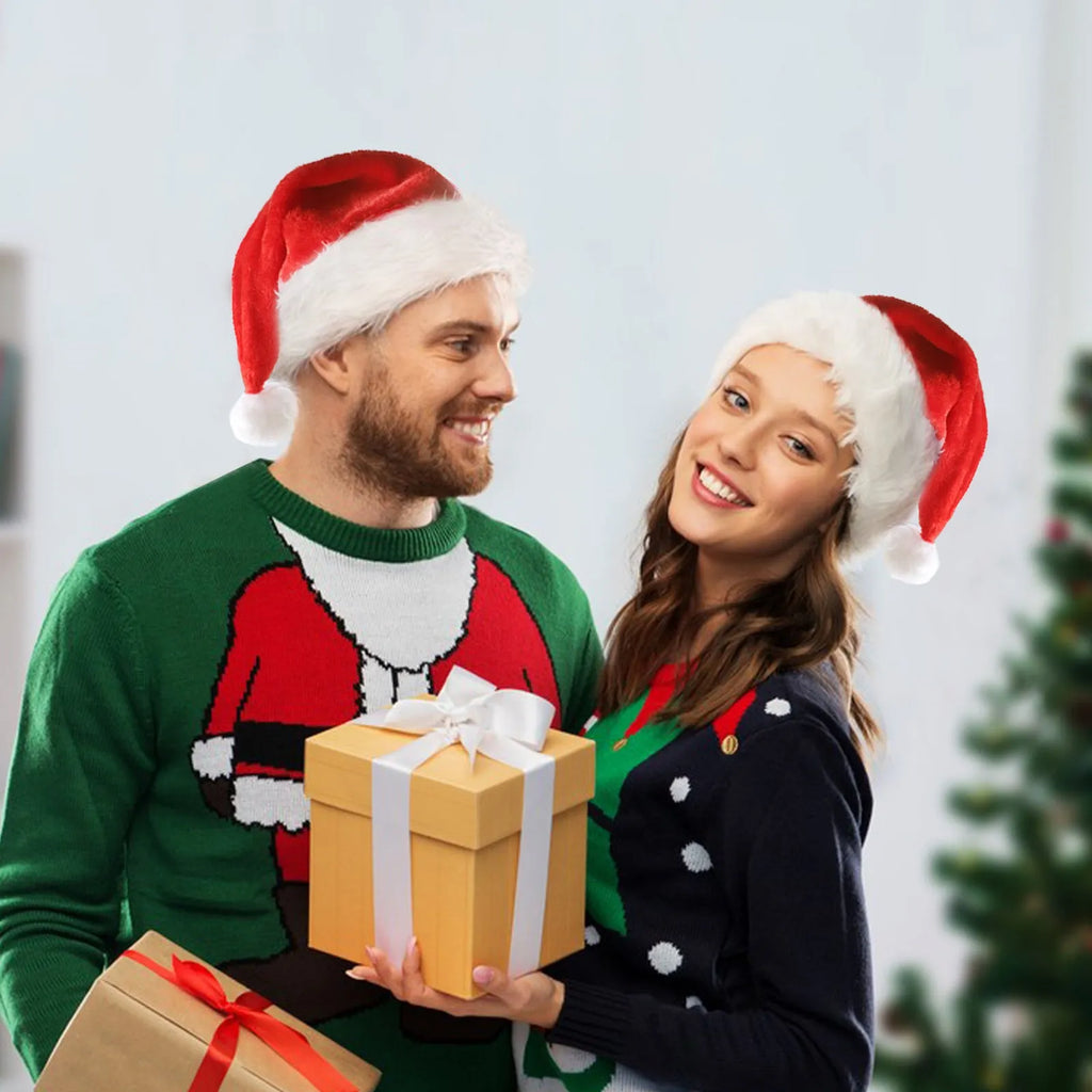 Red and white LED light up Santa hat with multicolour lights and pom-pom