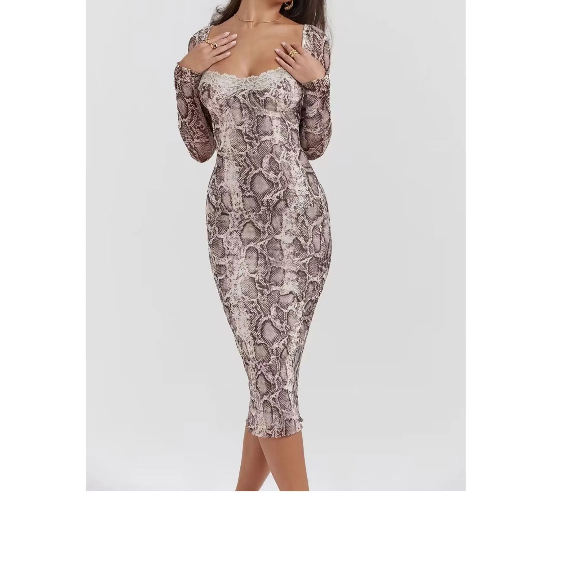 Grey slim fit lace dress with long sleeves, A-line skirt, and a 3D digital printed pattern.