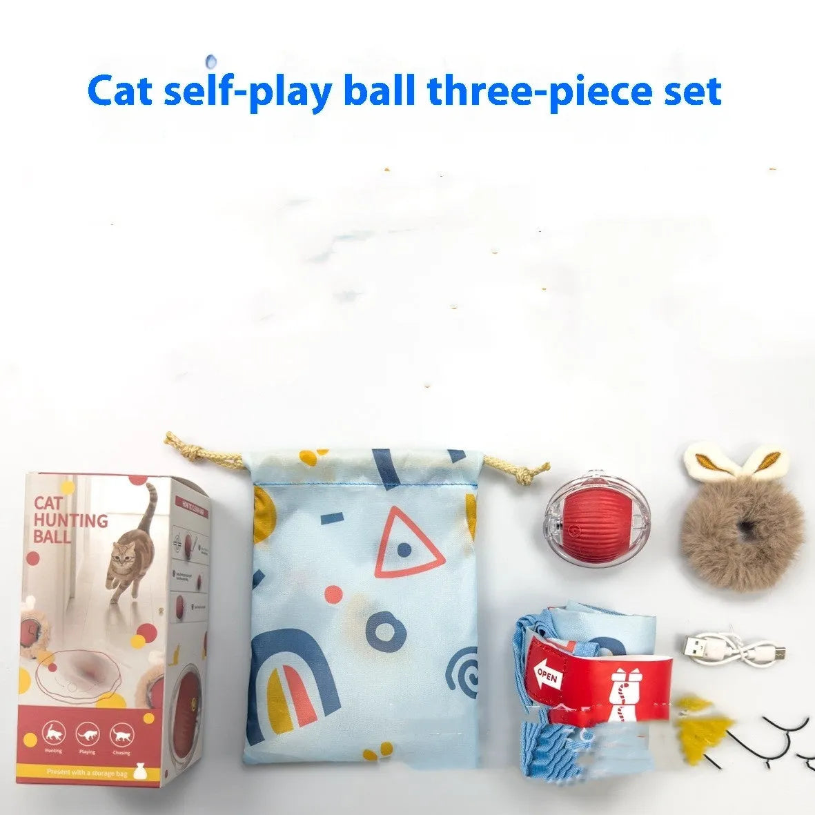 Three-piece cat toy set with round double-layer hunting cover, self fun ball, and canvas storage bag