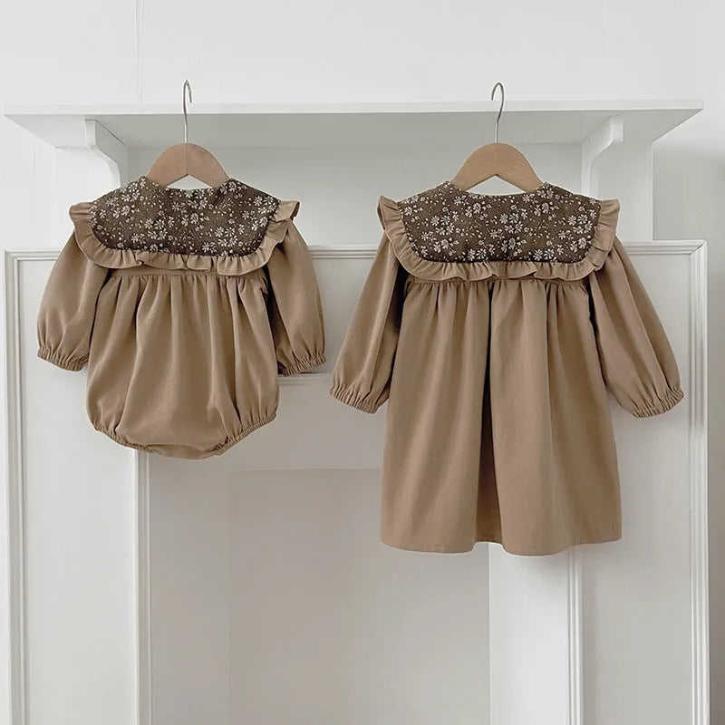 Toddler in long sleeve cotton romper dress with floral collar in brown, suitable height 90cm