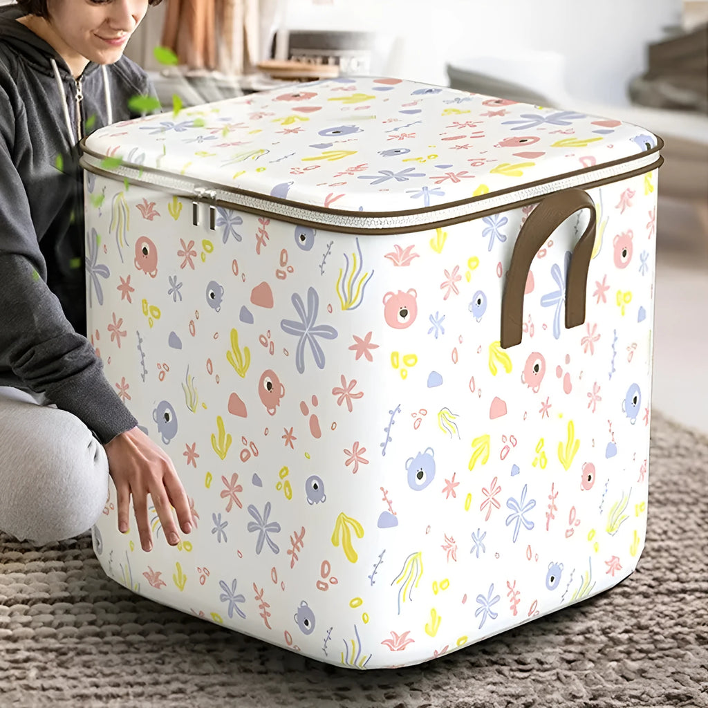 Non-woven fabric storage box with cartoon bear joint-name design, 100L capacity, cube shape for stacking in bedroom