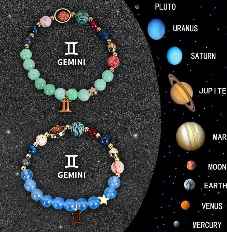 Natural stone beaded zodiac bracelets showing twelve animal signs on elastic cord