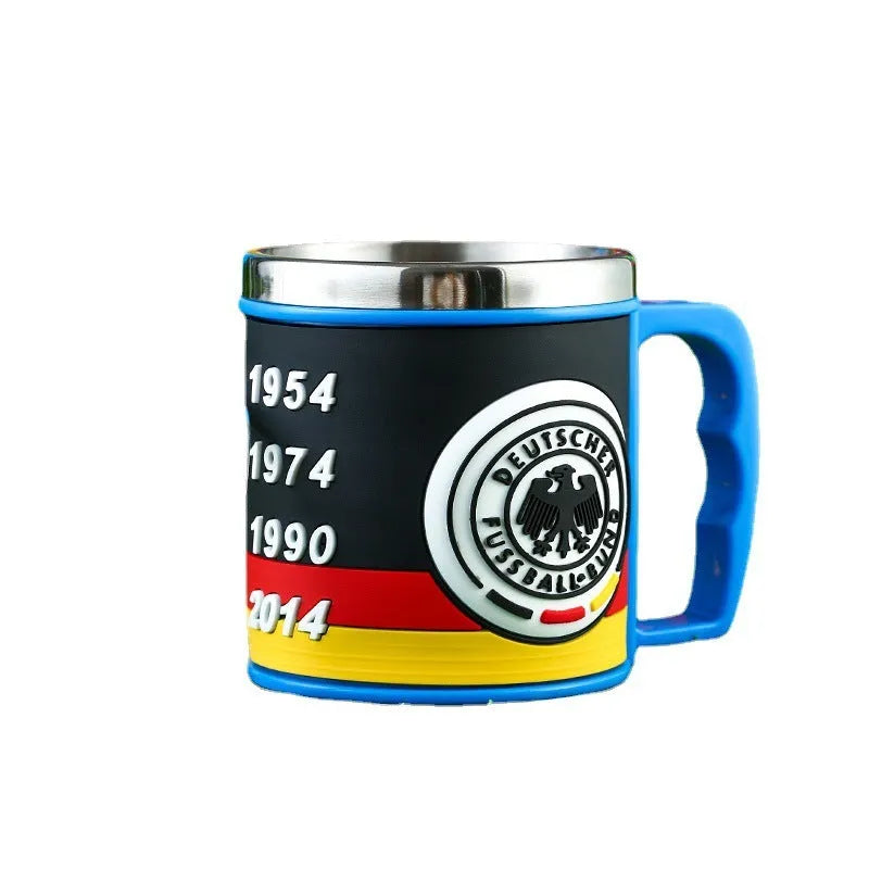 World Cup soccer mug souvenir, rubber and metal, 7.6cm diameter, team colour design
