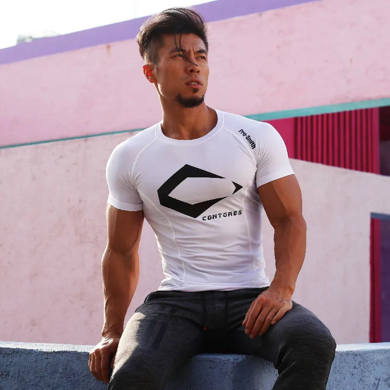 Men's polyester tight-fitting printed running top with short sleeves, available in white and grey colour options