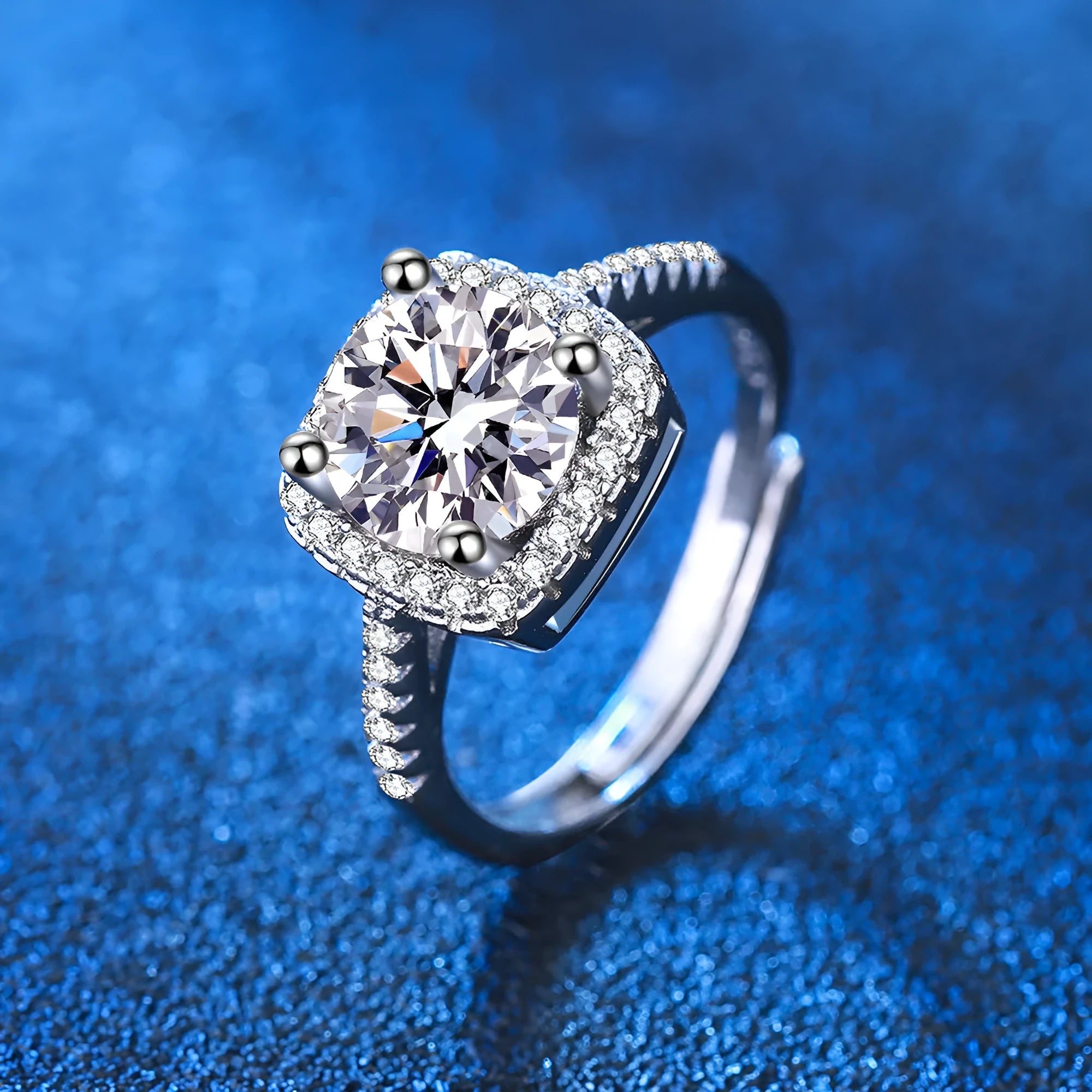 Silver adjustable moissanite ring with four-claw micro-inlaid square bag setting, geometric shape, women's ring