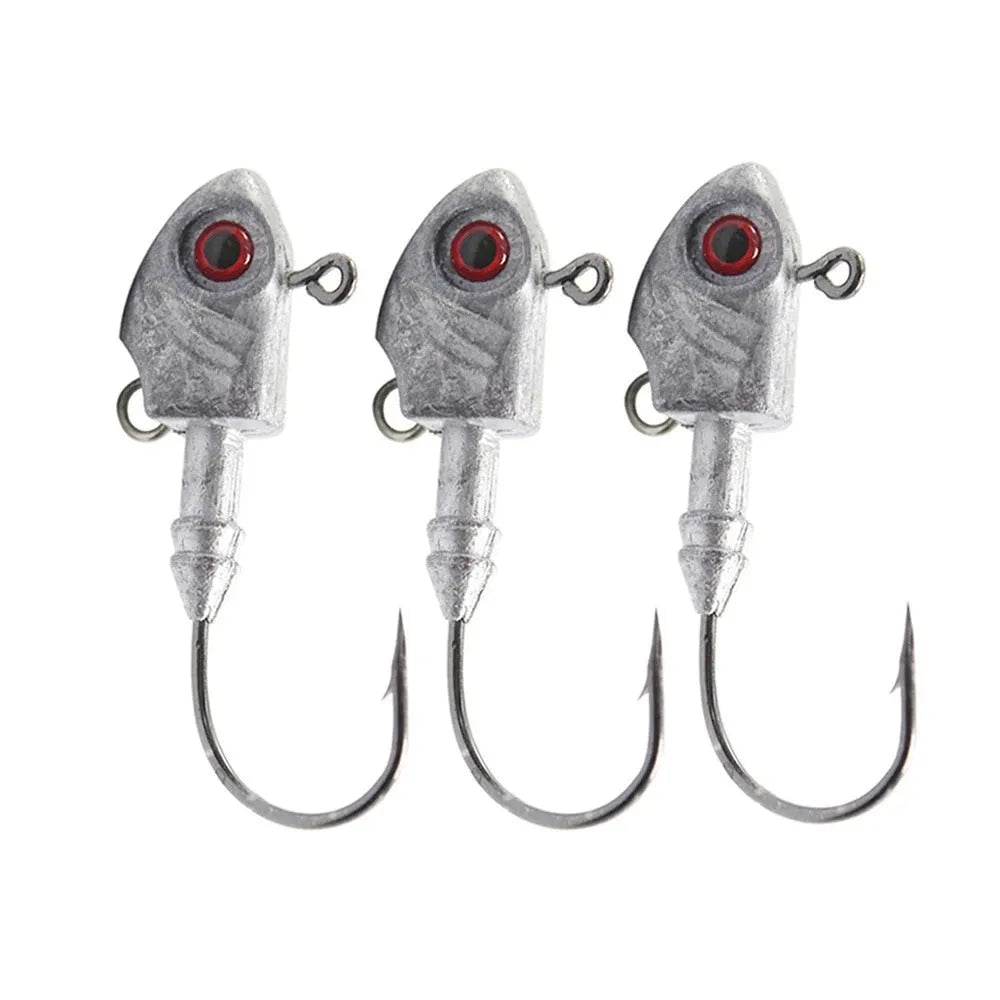 Yayu shaped lead head fishing hooks in blue, silver, yellow with weights from 3.5g to 28g and soft baits.