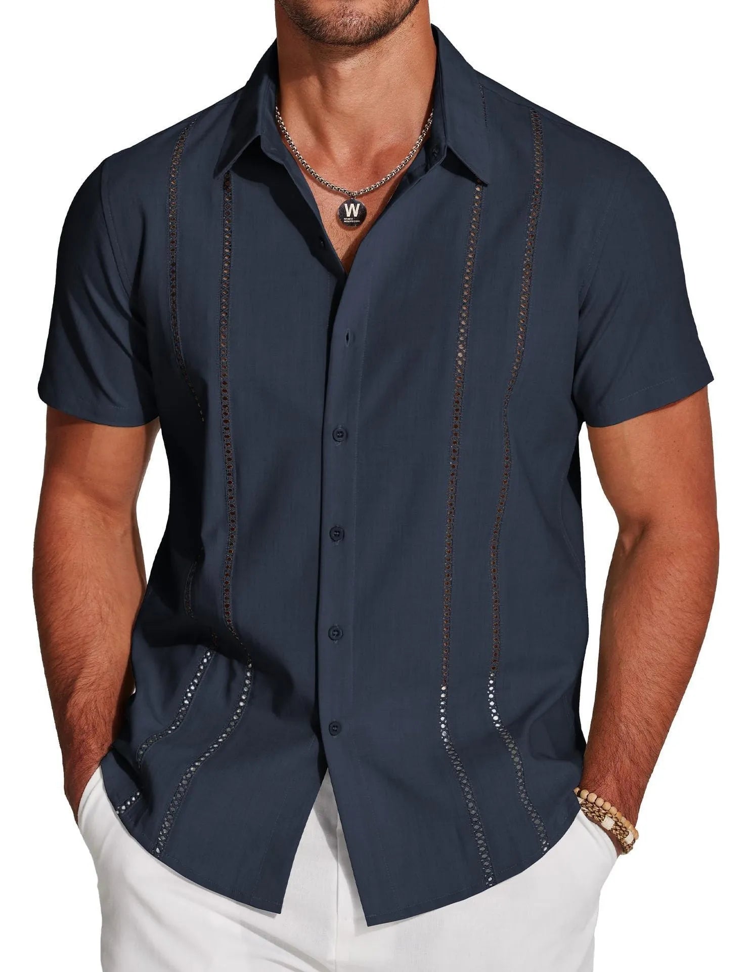 Men's slim fit Hawaiian shirt with colourful digital print pattern on polyester fabric.