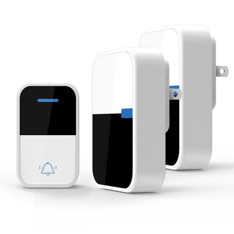 Modern white plastic wireless doorbell with receiver and transmitter units showing compact dimensions