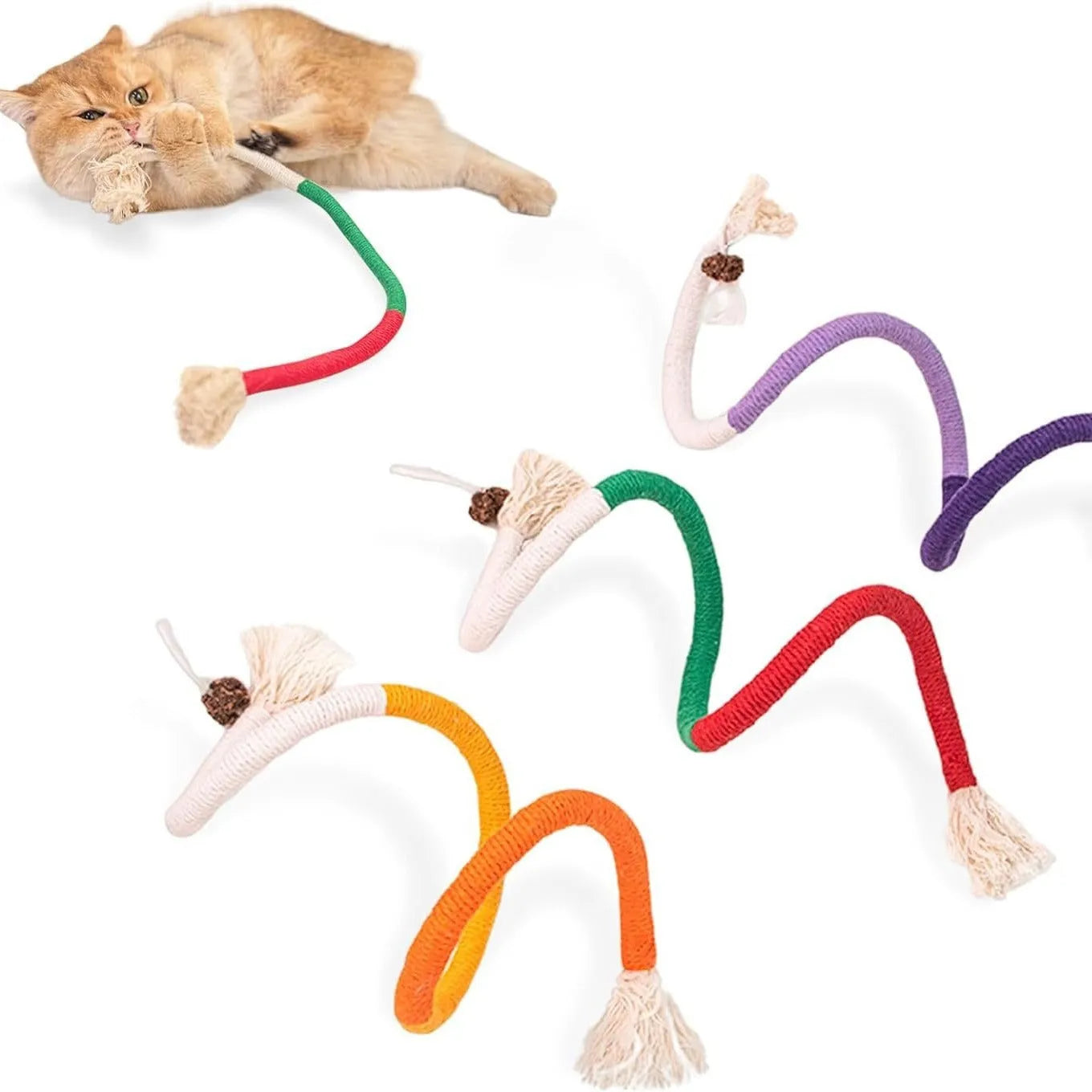 70cm long cat chew rope toy in three colours: purple, orange, and red with green, made from cotton string