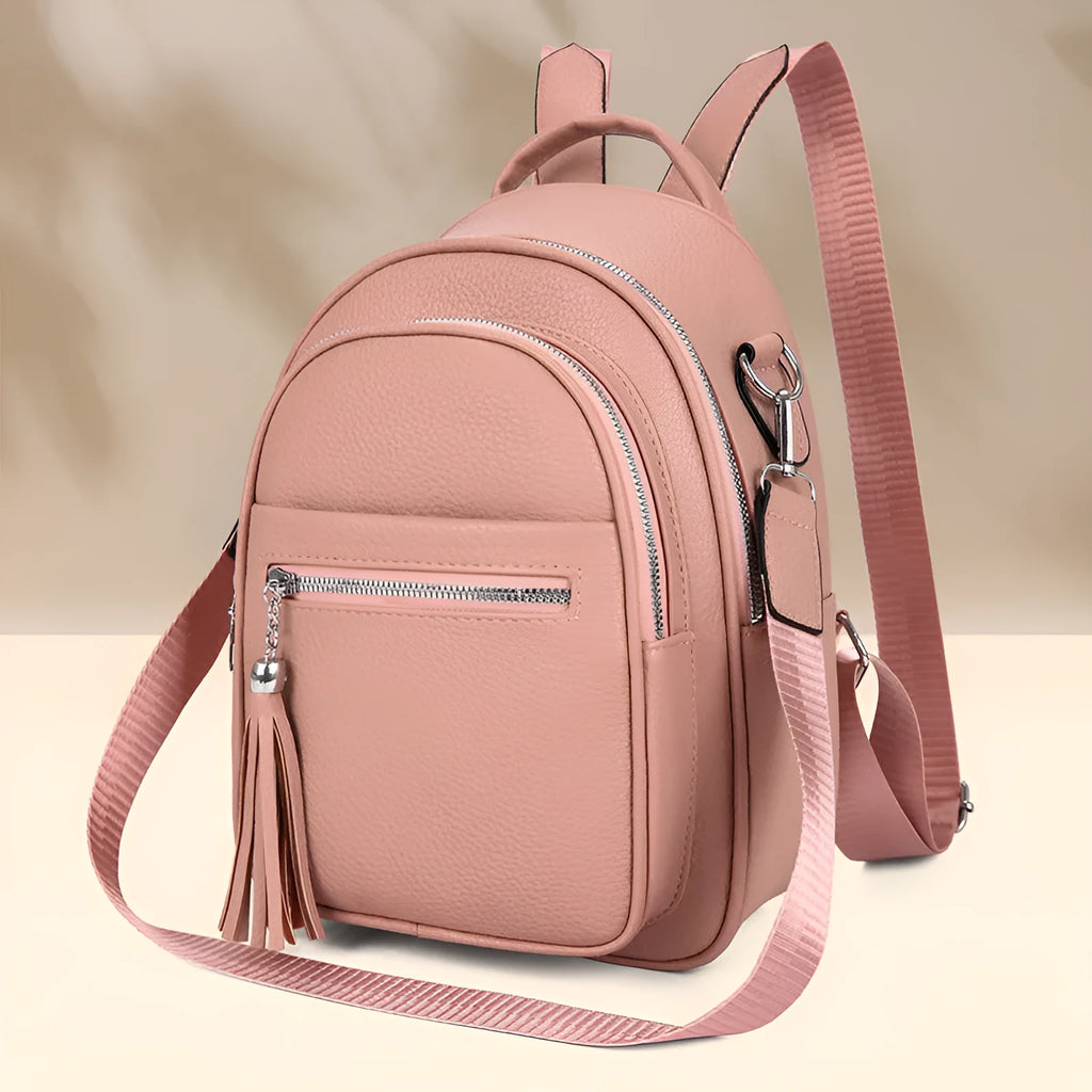 Simple large capacity casual backpack for women in khaki, PU material, with outer pocket and sewing thread detail