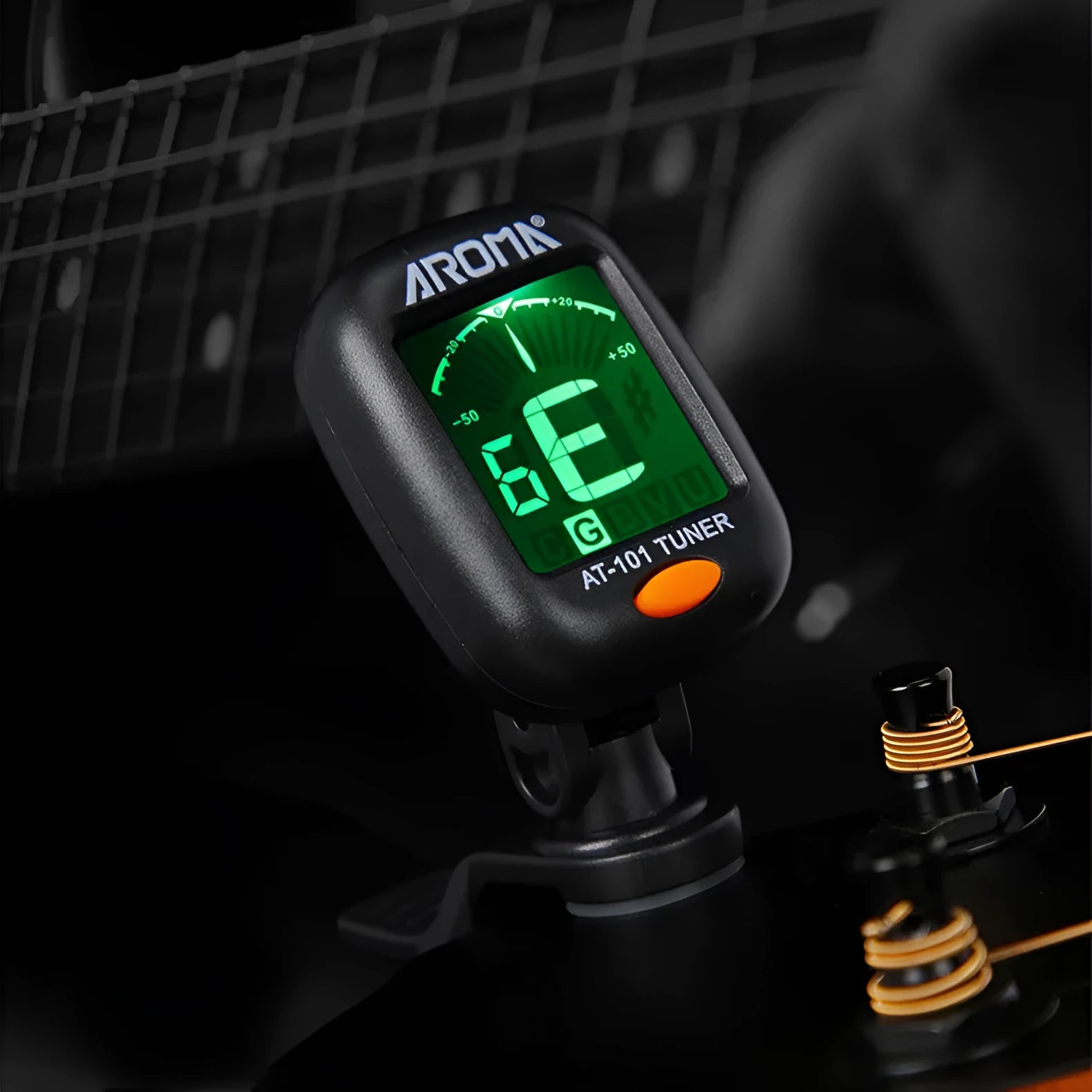 Automatic clip-on multi-function tuner for guitar and other string instruments in CG-01 colour