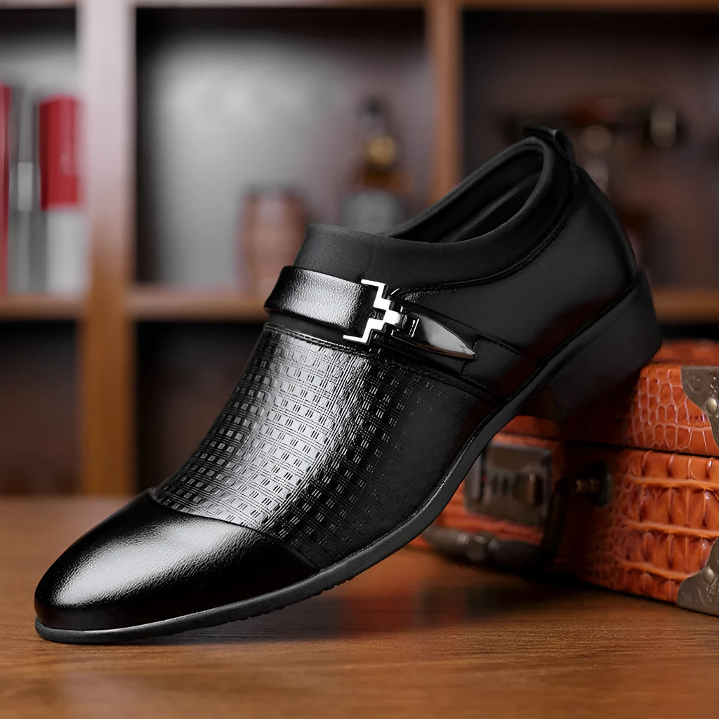 Men's black leather toe cap formal shoes with rubber sole on white background