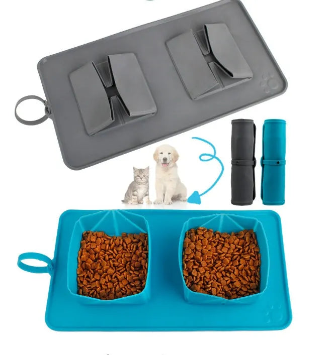 Collapsible silicone pet bowl in blue grey with velvet carry bag on a light background