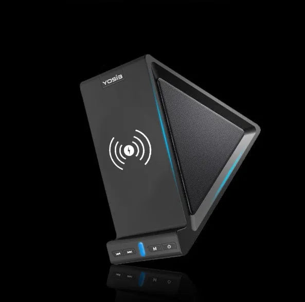 Black multifunctional Bluetooth speaker with wireless charging pad, phone stand, and 2000mAh power bank