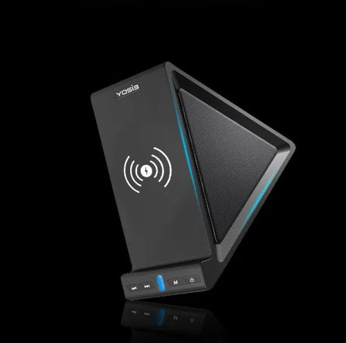 Black multifunctional Bluetooth speaker with wireless charging pad, phone stand, and 2000mAh power bank