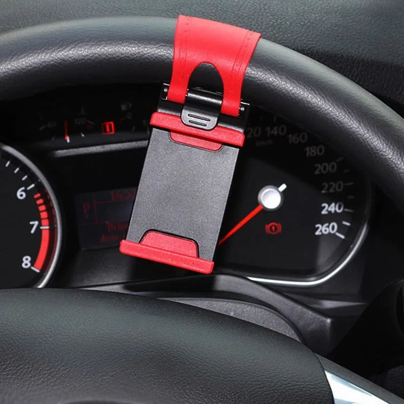Universal car steering wheel clip mount holder for smartphones and GPS devices in black or red