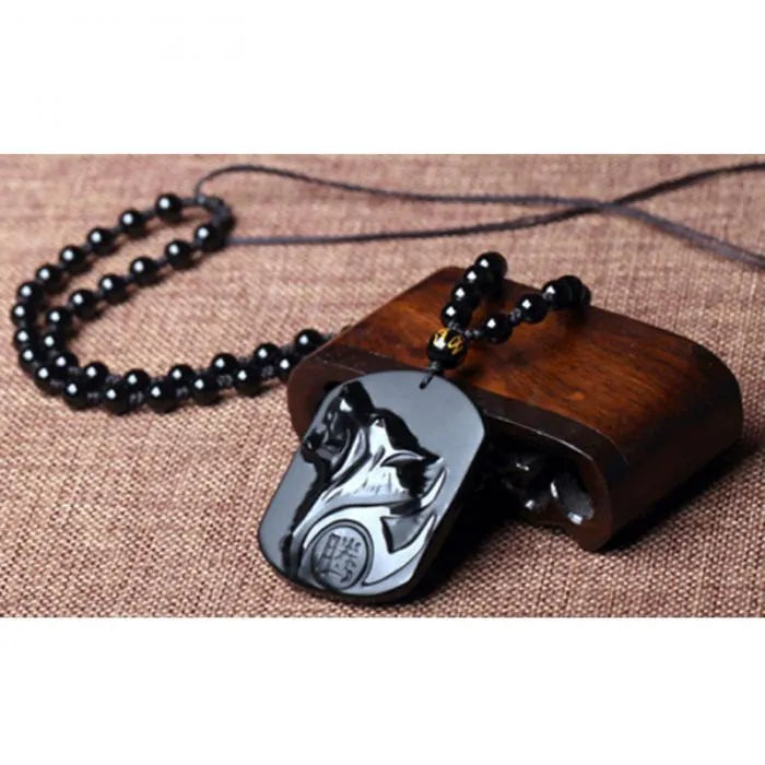 Obsidian carving wolf head amulet pendant necklace for men, natural black stone, 49x39x8mm