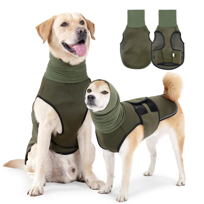 Dog wearing army green anti-anxiety jacket for mood soothing