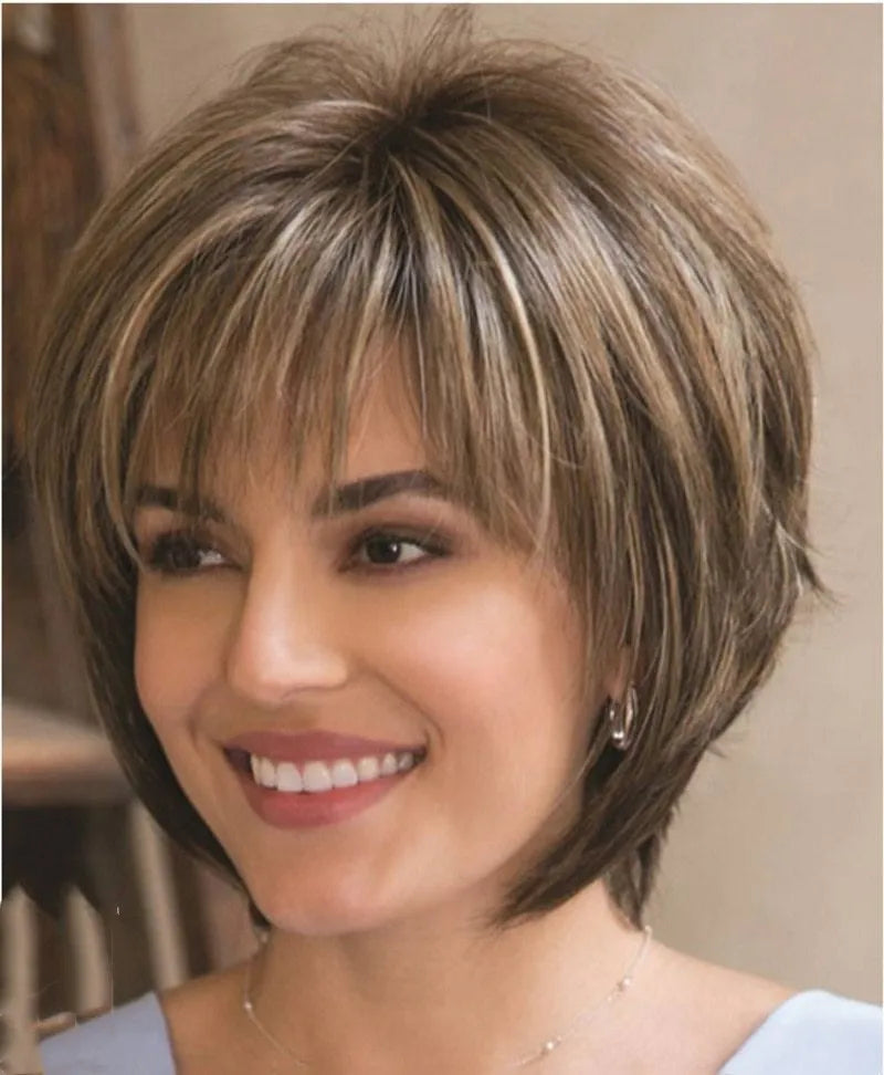 Mixed blonde brown short heat resistant wig on stand, brown colour, synthetic fibre