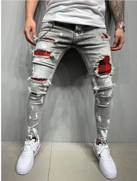 Men's cotton paint jeans in black, straight-leg style for casual or artistic use