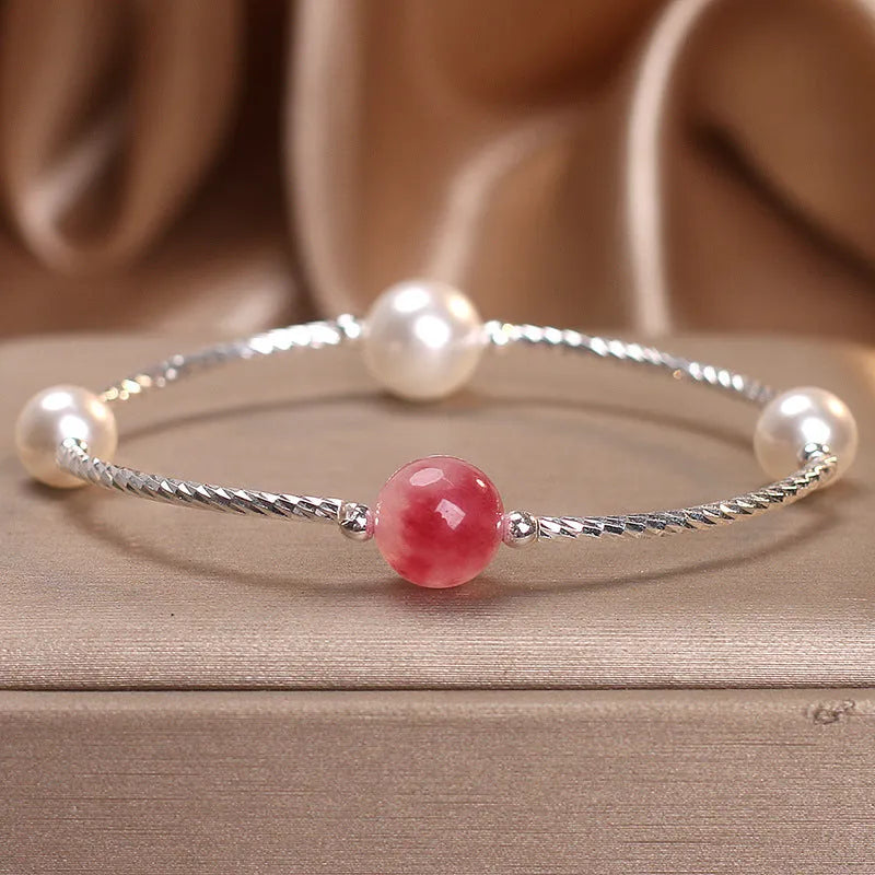 Niche design agate bracelet with sea-pattern stone and cherry blossom beads in blue and pink for women