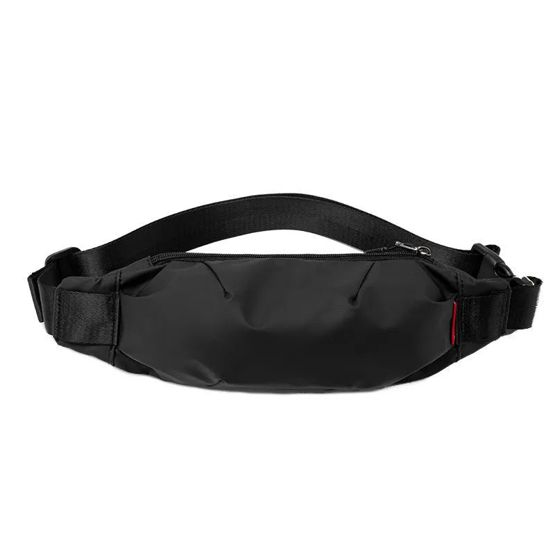 Black Oxford cloth men's crossbody waist pack showing front zipper and strap.