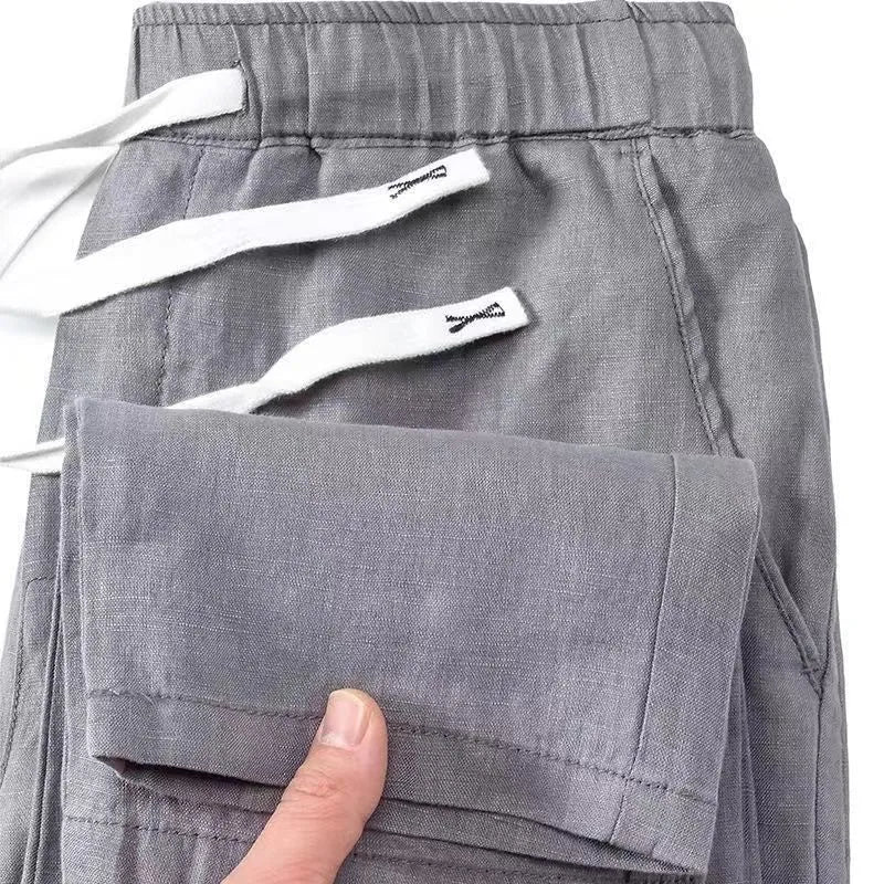 Pure linen Chinese-style straight-leg trousers with a drawstring waist in multiple colours.