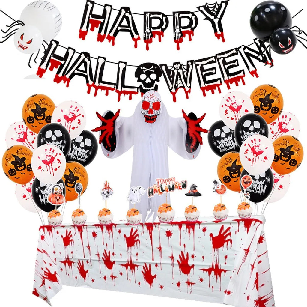 Halloween spider balloon arch decoration set with white and black latex balloons showing skull, pumpkin, and spider designs