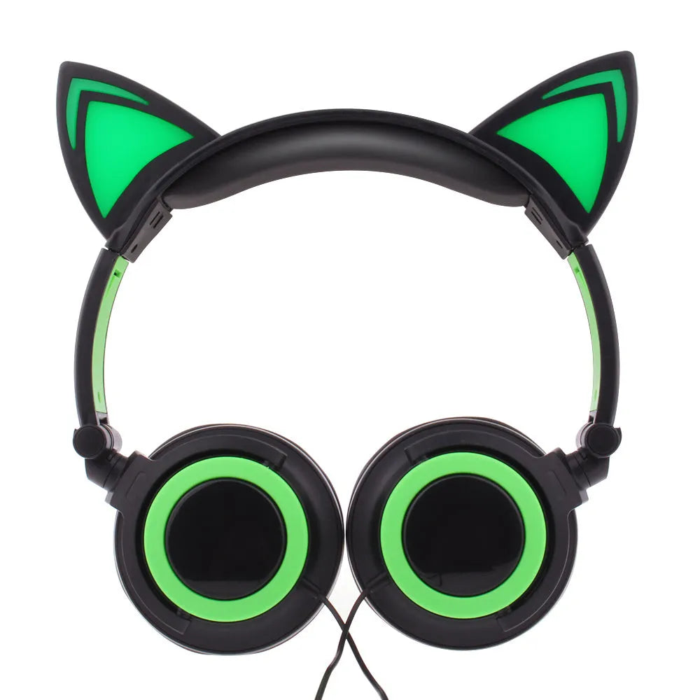 Black cat ear headphones with illuminated blue LED lights on the ears and ear cushions.