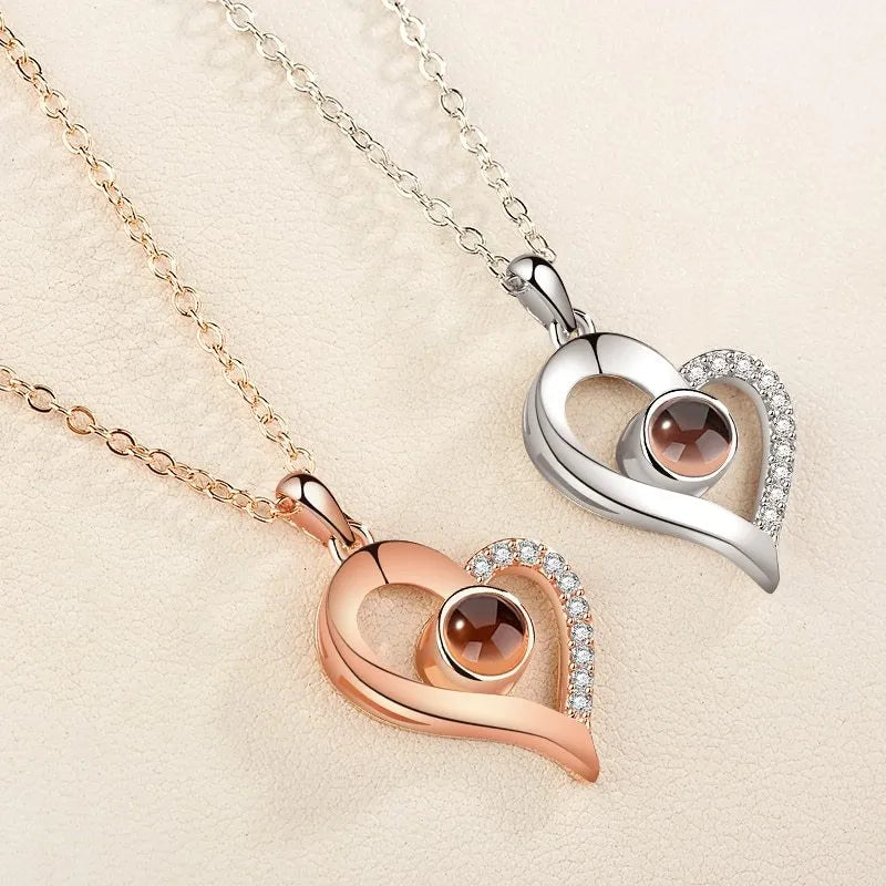 I Love You necklace with zircon pendant in silver, 100 languages design, chain length 40+5 cm
