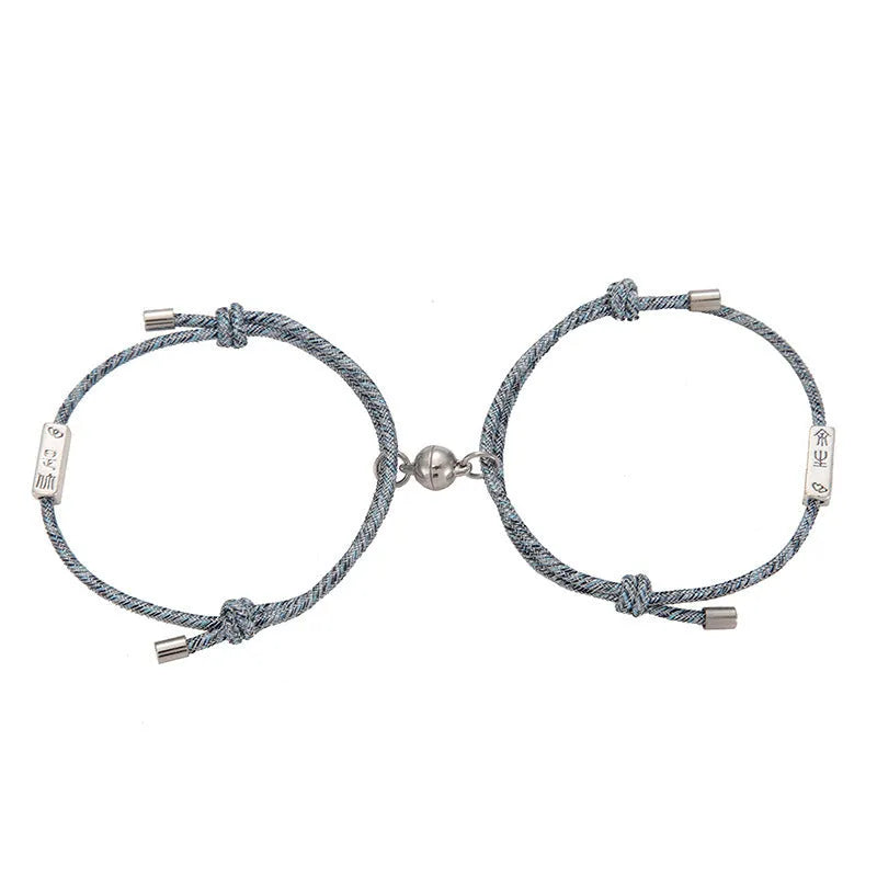 Alloy eachother couple bracelet set with magnetic buckle and carved mountains and rivers charm, adjustable size, colour beige black