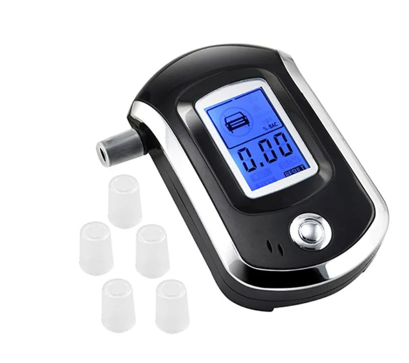 Black portable personal alcohol tester with digital screen and mouthpiece