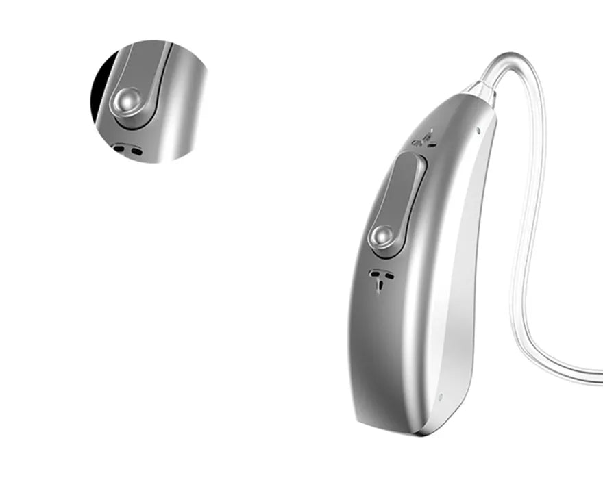 A small, wireless invisible hearing aid and its portable USB charging case.