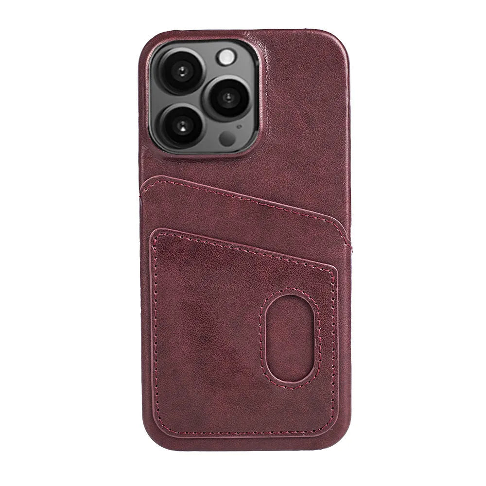Flip PU leather phone case for iPhone showing card slot and folio cover in brown