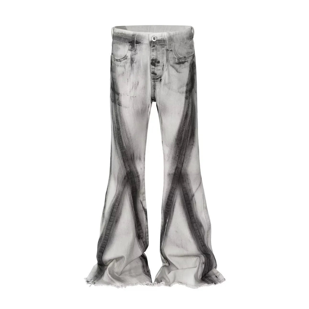 Men's white American street retro selvedge jeans with black ribbon gradient detailing and zip fly
