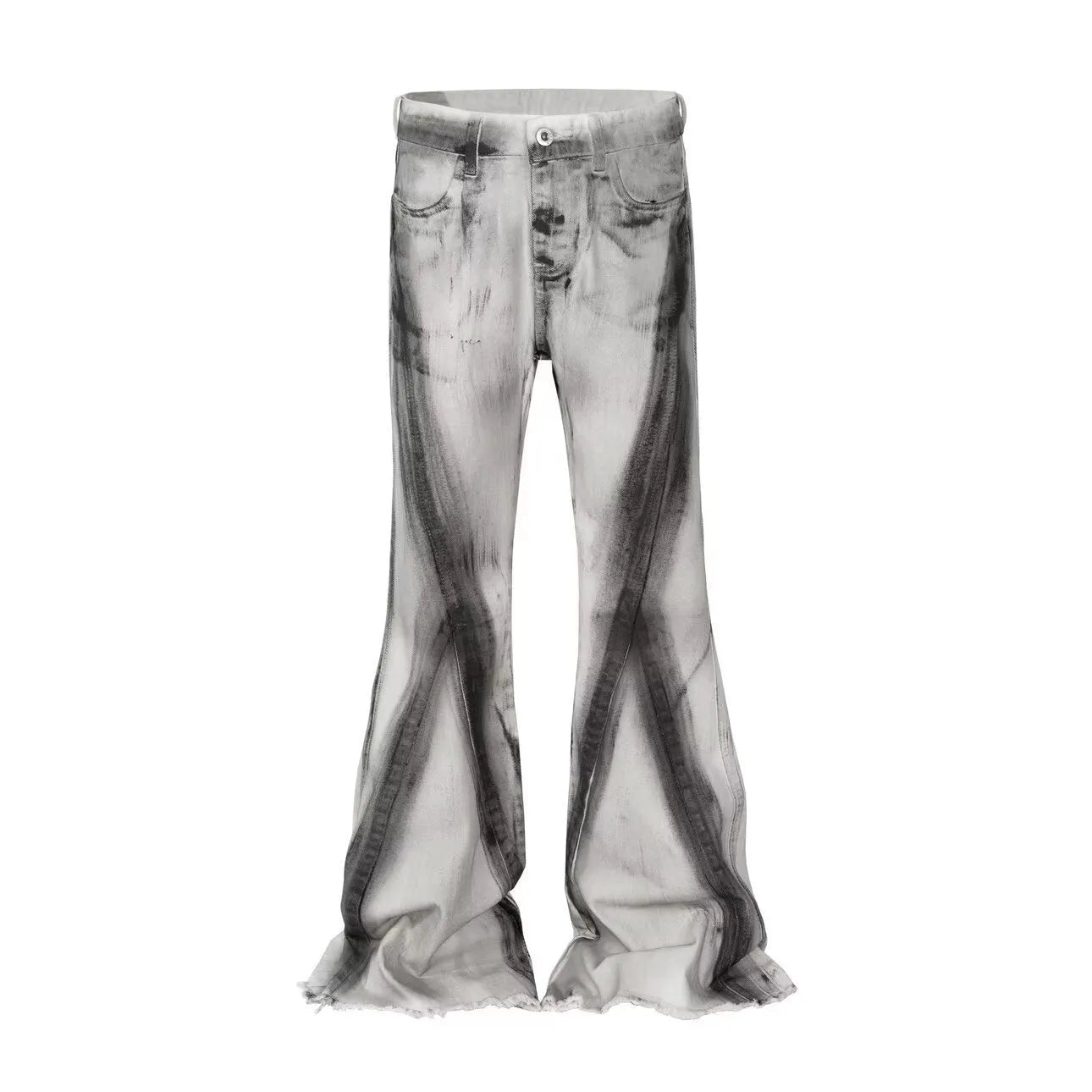 Men's white American street retro selvedge jeans with black ribbon gradient detailing and zip fly