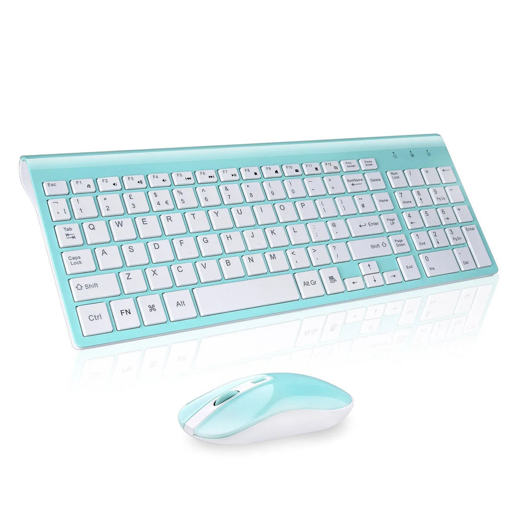 Full-size 2.4G wireless keyboard and mouse set in blue with numeric keypad and silent mouse on a desk