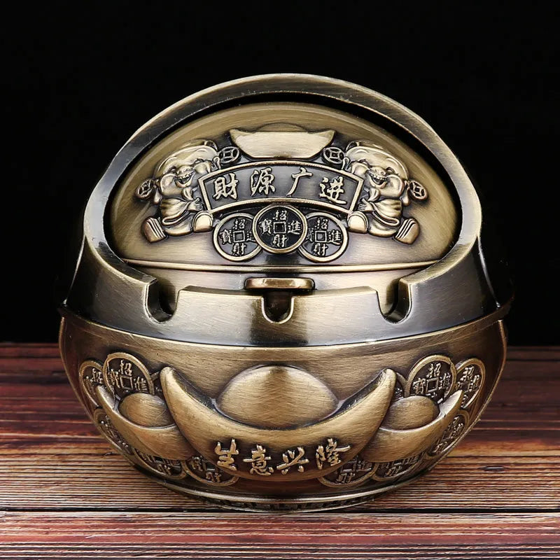 Creative alloy ashtray in bronze with smoke extinguishing slot, featuring a detailed Money Tree design.