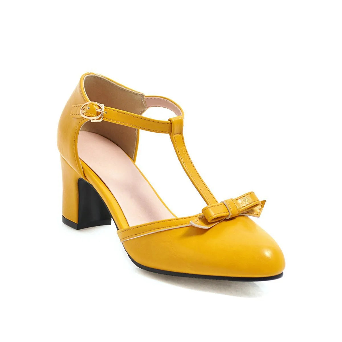 Women's chunky heel sandals with hollow-out design and decorative bow in solid colour with buckle strap