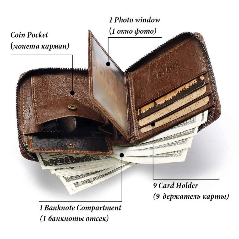 Men's coffee-coloured soft leather wallet with vintage locomotive pattern and horizontal design