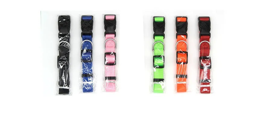 Soft nylon pet collar with neoprene lining, adjustable buckle, and metal D ring on a solid background