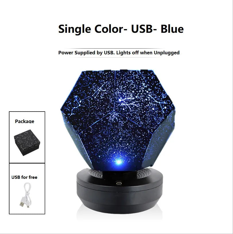 LED starry sky projector showing constellation projection on bedroom ceiling with remote control