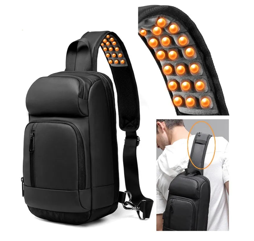 Black PVC outdoor shoulder bag showing medium size, shoulder strap, and internal pocket organisation